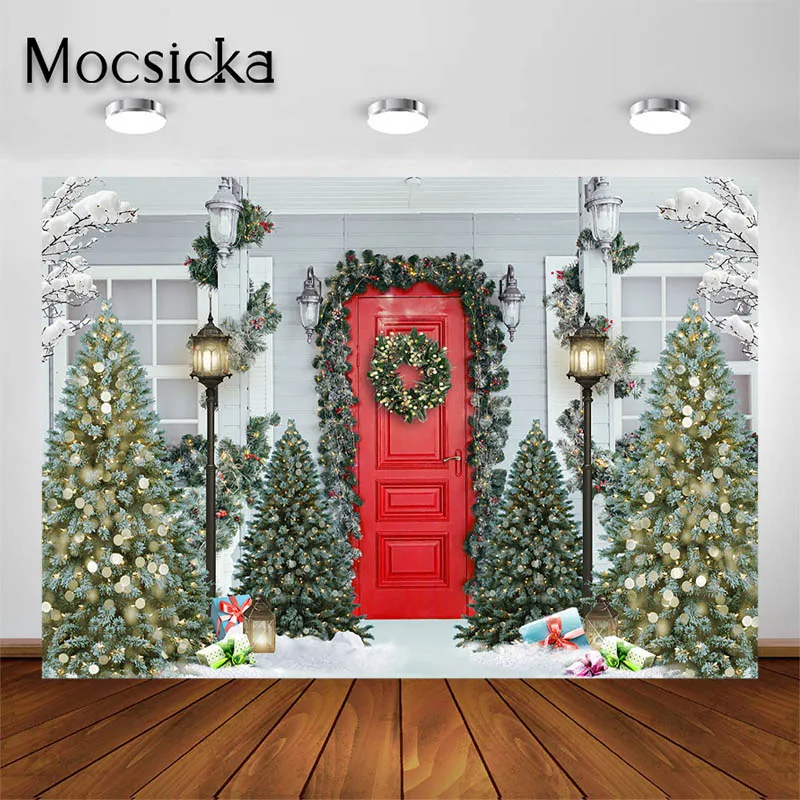 

Mocsicka зимний фон для детей и взрослых наружная Рождественская елка красная дверь фон для фотосъемки реквизит для студии украшения баннеры
