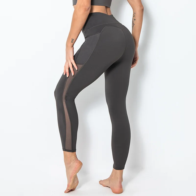 Mesh Patchwork Leggings with High Elasticity Hip Lifting Sports Pants Pocket Tight Pants High Waist Yoga Pants for Women 2023