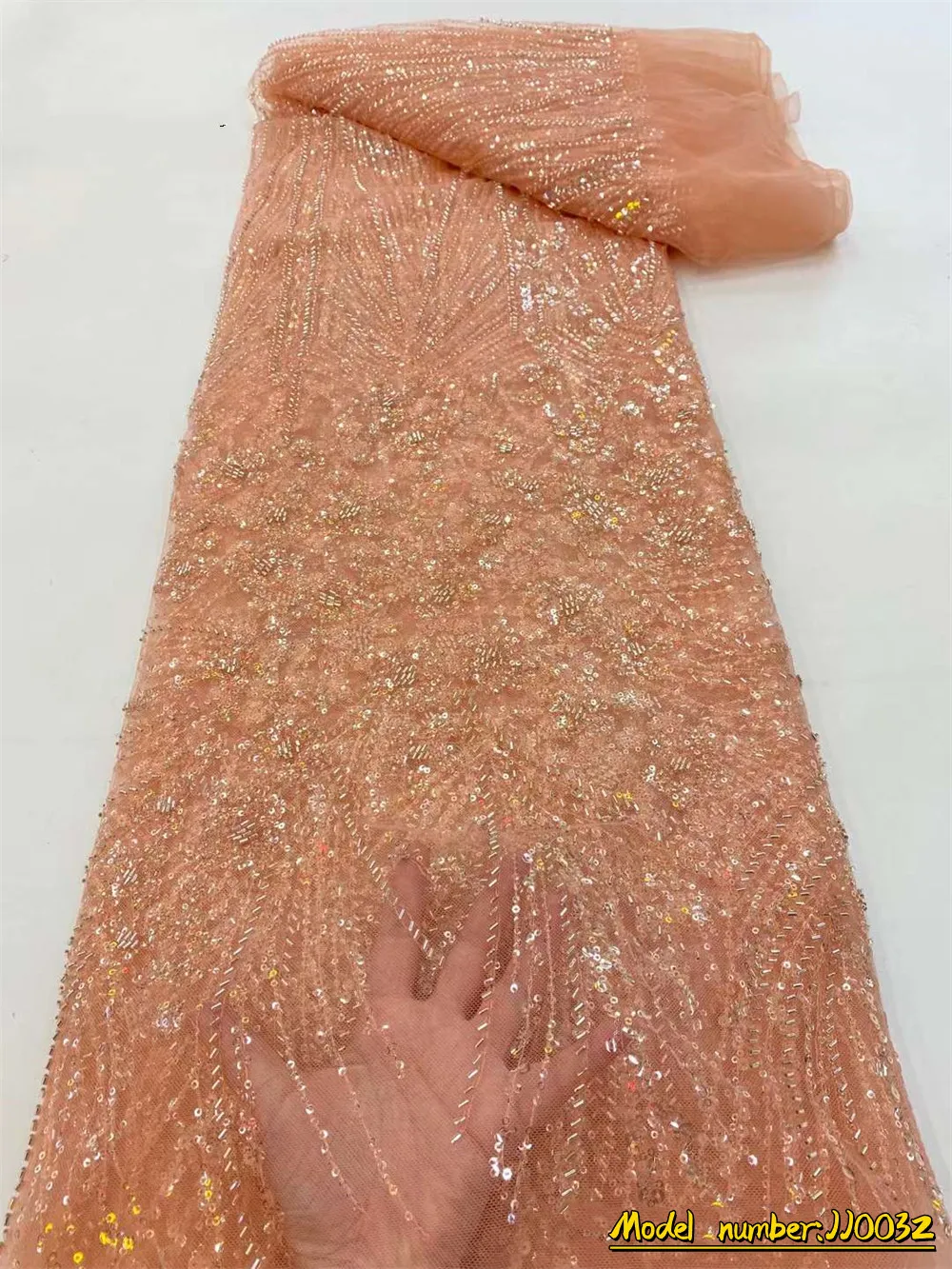 

Handmade Sequins Lace Fabrics High Quality 2022 African Beaded Tulle Fabric Embroidery Lace With Pearls For Wedding Dress JJ0032