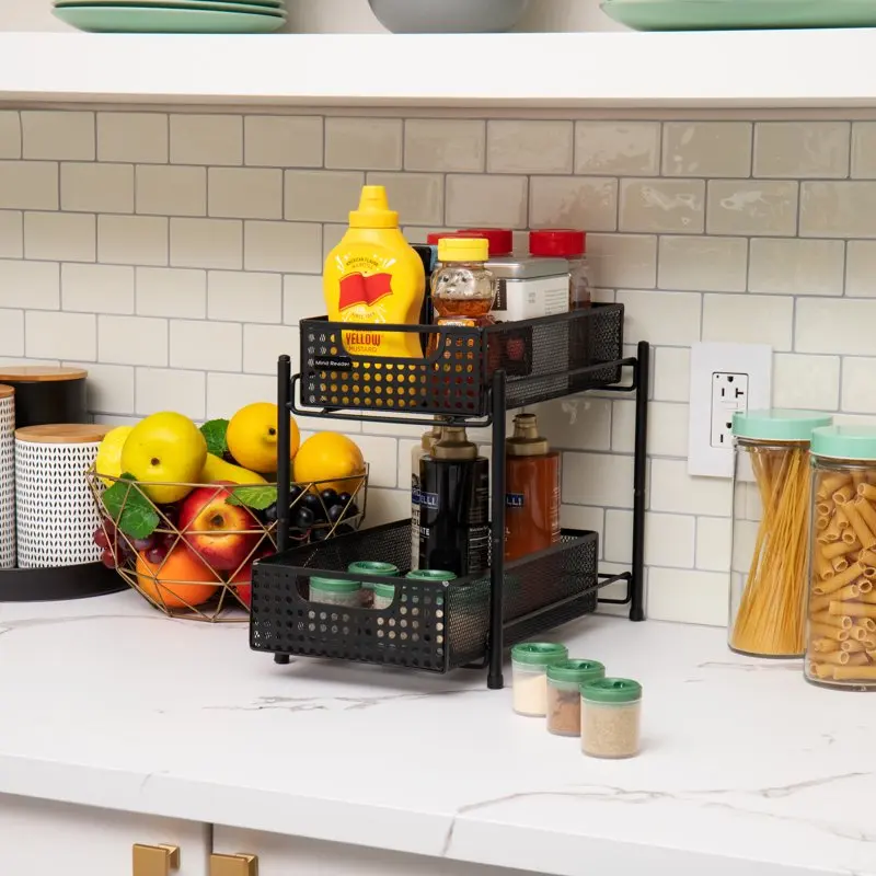 

Highly Durable Black Metal Mesh Slide Out Heavy Duty Basket Drawer Organizer For Kitchen, Bathroom, and Office Desk.