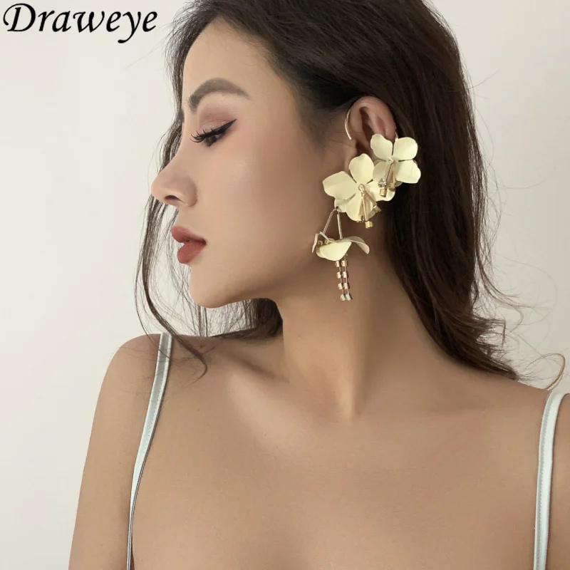 

Draweye Metal Clip Earrings for Women Flower Vintage Colorful Chains Elegant Jewelry Tassels Sweet Ins New Pendientes Mujer