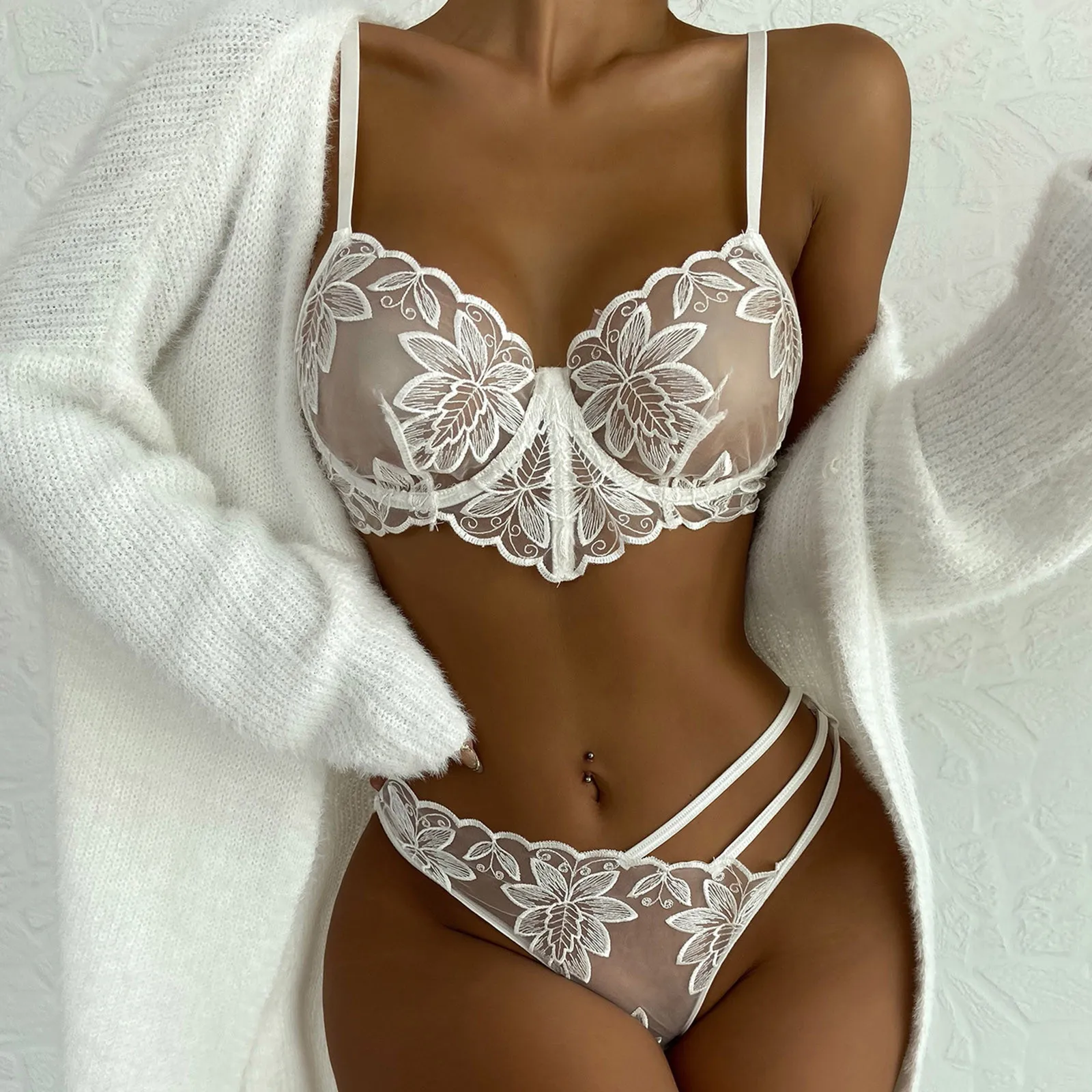 

Women Lingerie Set Lingerie Underwear Erotic Intimate Two Piece Bowknot Transparent Mesh Lace Steel Ring Bra Thongs Underwire