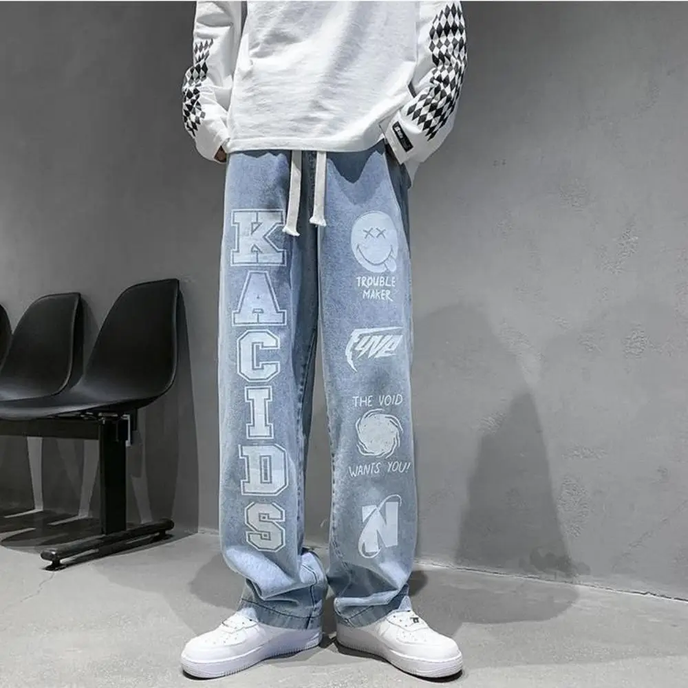 Men Street Hip Hop Trousers High Street Trend Ins Trend Retro Jeans Men Loose Straight Wide Leg Pants Printed Letter