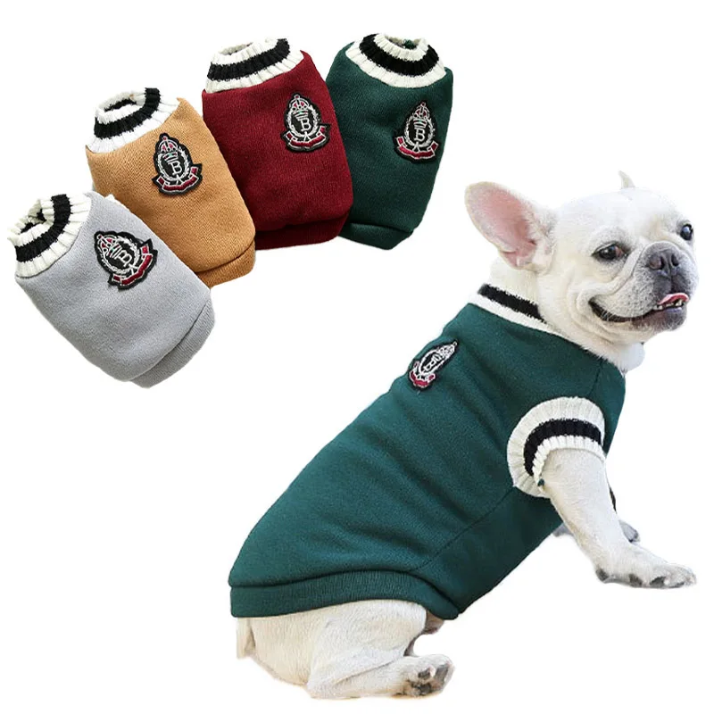 

Dog Clothes Winter Dog Cat Sweater College Style V-neck Puppy Knitwear Teddy French Bulldog Coat Pet Outfit for Small Large Dogs