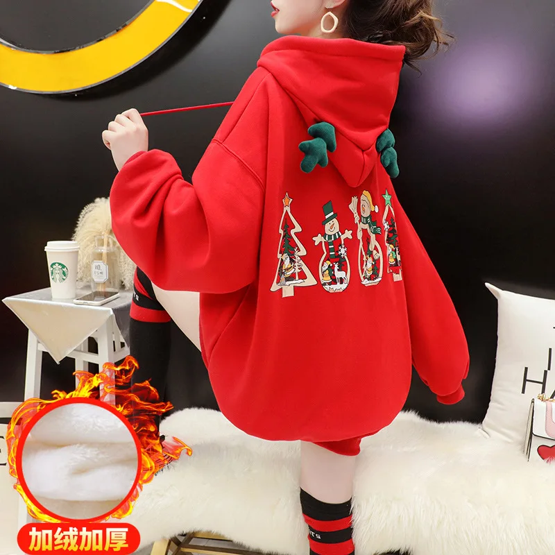 

2022 Thick Christmas Red Sweater Ladies Mid-length Sweet and Cute Jacket Autumn and Winter Hoodies Women clothes sweatshirt