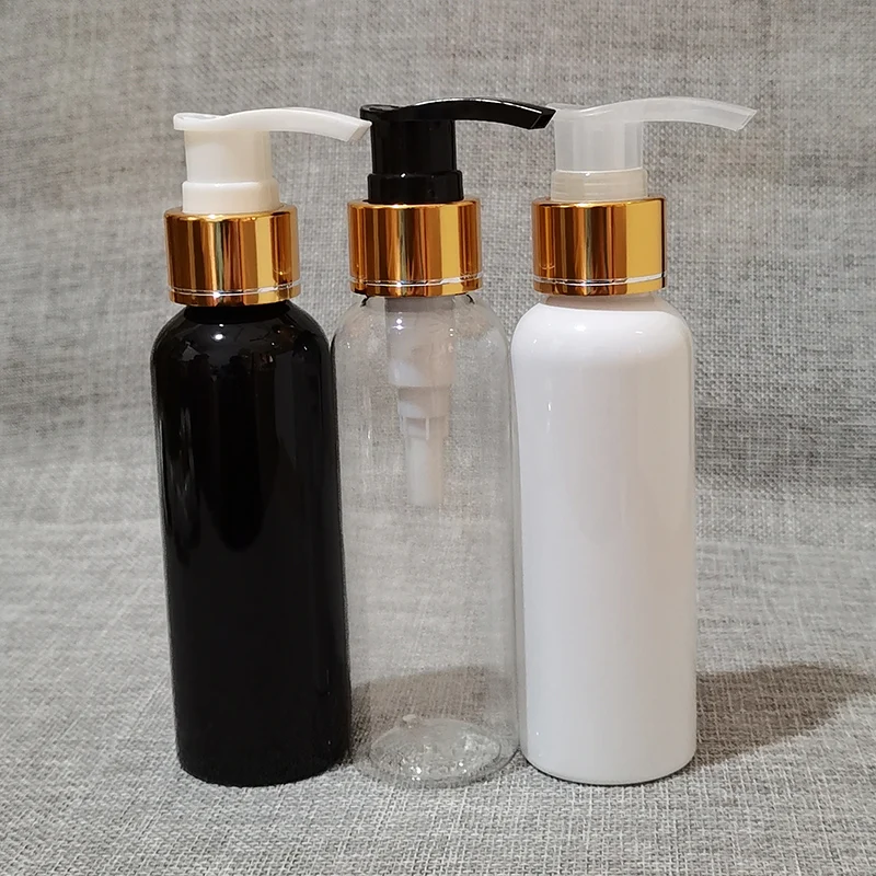 50pcs 100ML White/Black Clear Round Lotion Pump Plastic Bottle With Gold Aluminum Screw Pump,Lotion containers