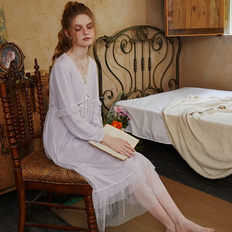 New Women's Spring Autumn Bowknot Lace Gauze Splicing Cotton Lining Nightgowns Sleepshirts Sleepwear Pajama