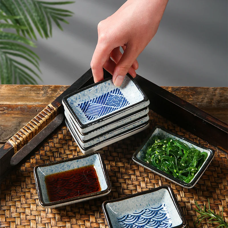 

Japanese Rectangular Seasoning Dish Creative Wave Pattern Ceramics Sauce Dish Soy Vinegar Wasabi Small Plate Kitchen Tableware