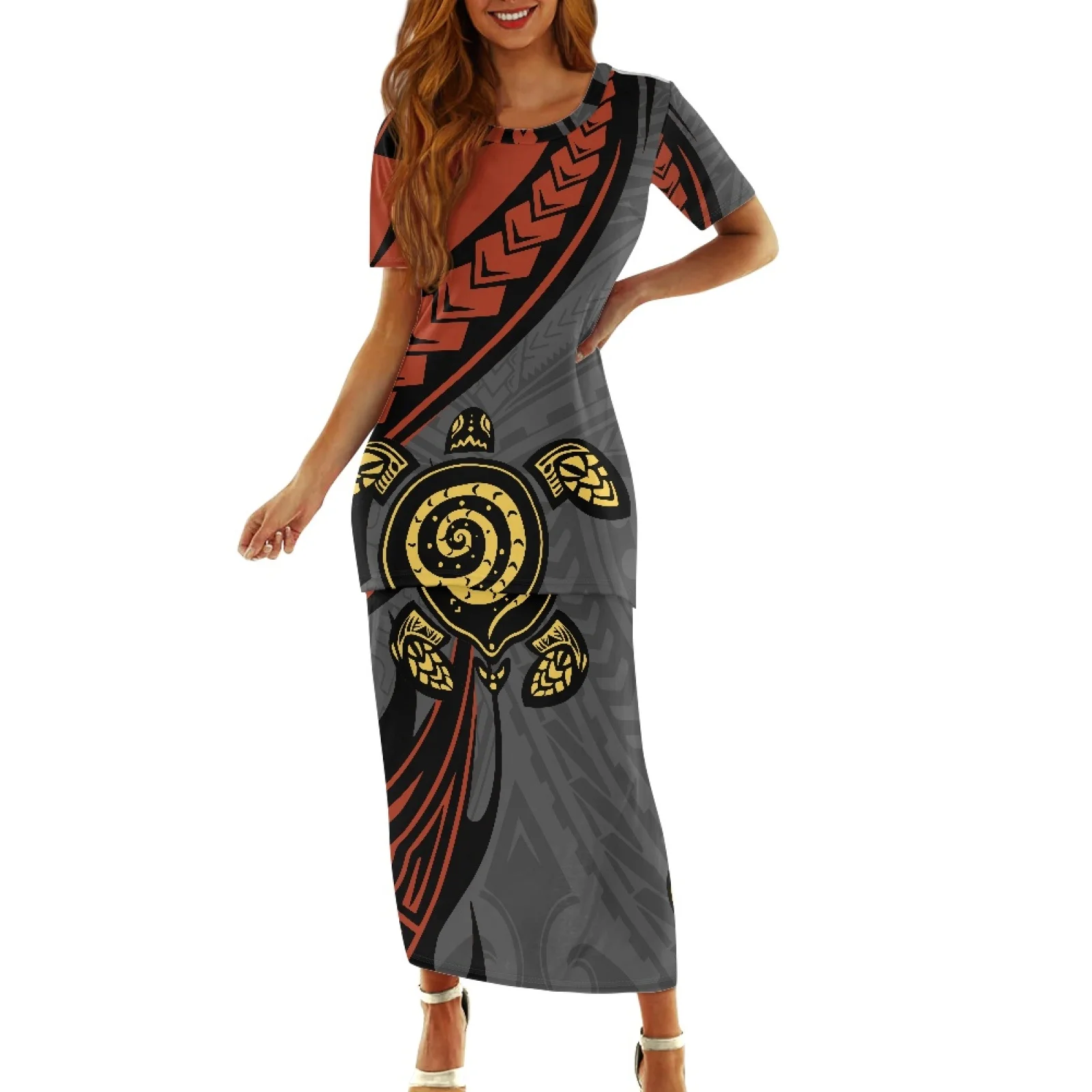 

Polynesian Tribal Pohnpei Totem Tattoo Prints Yellow Turtle Print Red Grey Dresses Beach Party Maxi Long Dresses Two Piece Set