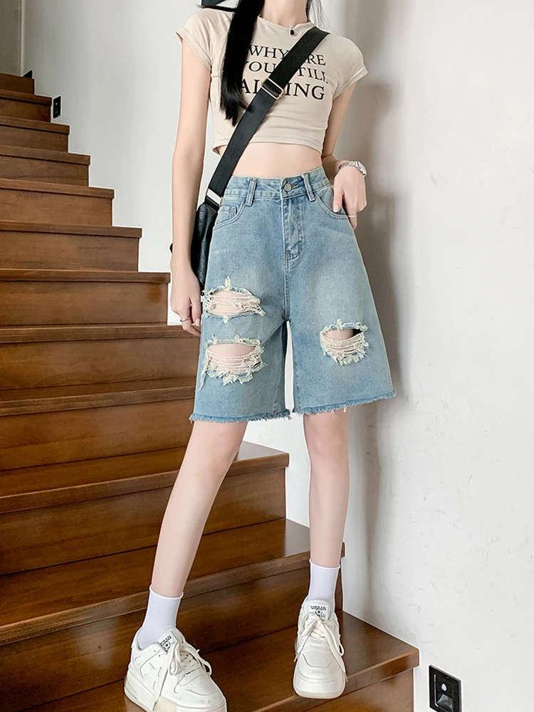 Streetwear Women High Waist Hole Frayed Retro Denim Shorts Spring Summer Female Wide Leg Raw Hem Jeans Shorts Bottoms