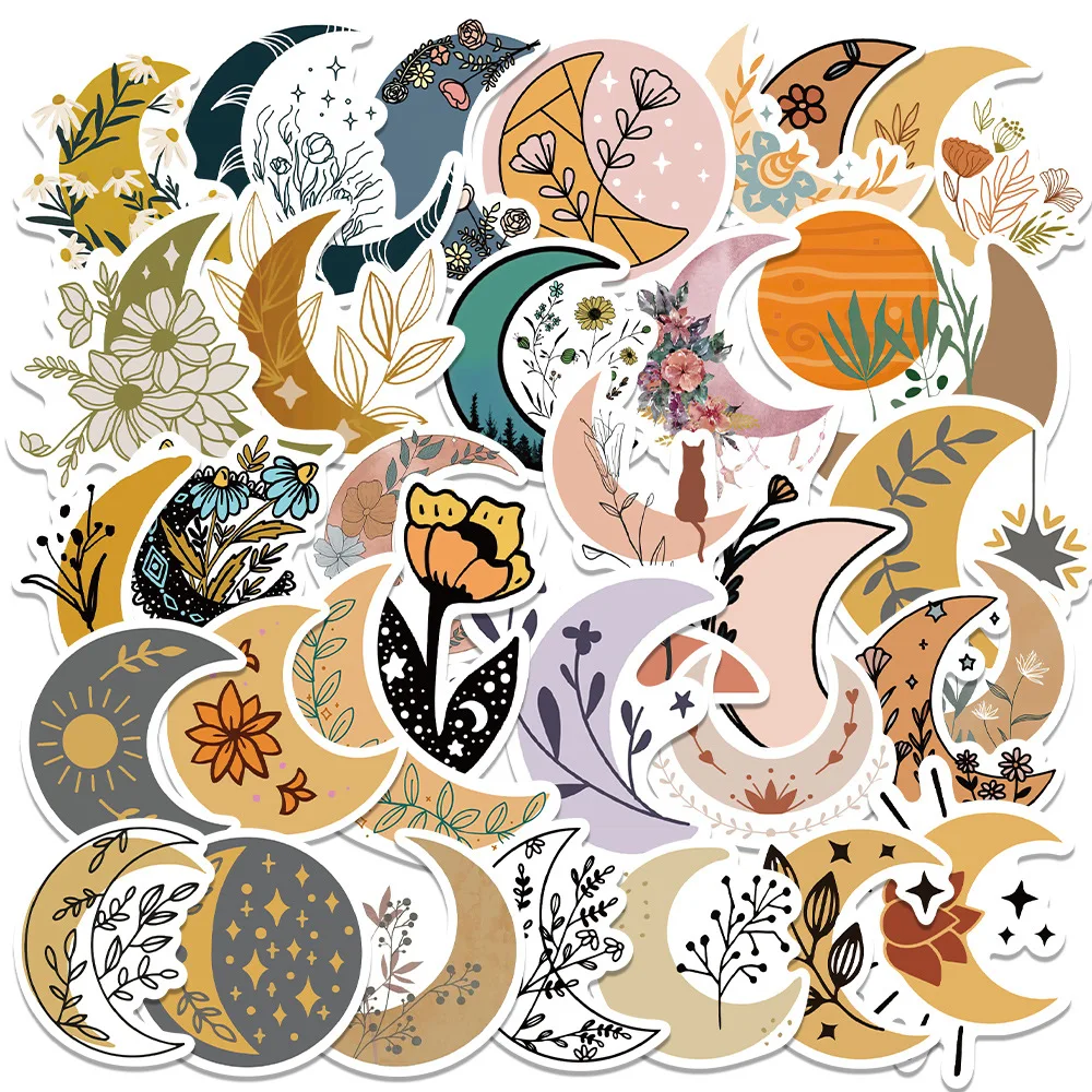 

10/30/50 PCS Cute Bohemian Moon Flowers Sticker Classic DIY Toy for Car Bike Travel Luggage Phone Laptop Cartoon Stickers Decals