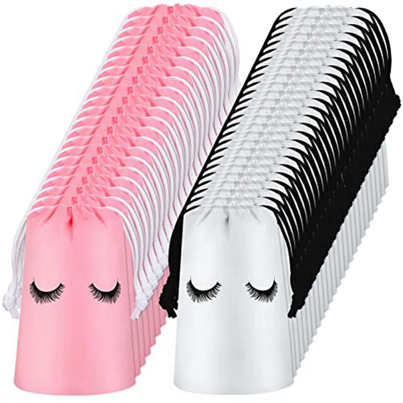 

50 Pcs Lash Plastic Makeup Bags Travel Bag Empty Portable Drawstring Cosmetic Women Toiletry Supplies 4X6inch White+Pink