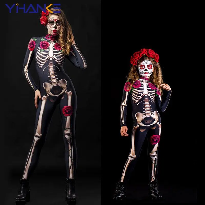 

Страшный костюм для взрослых и детей в виде розового скелета, косплей на Хэллоуин, сексуальный комбинезон, карнавальный вечерние на Хэллоуи...