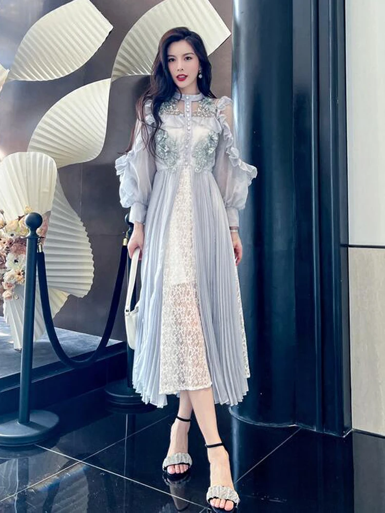 

Designer Autumn Women's New Long Sleeve Slim Gorgeous Diamond Embroidery Lace Vintage Elegant Casual Party Fashion Midi Dress