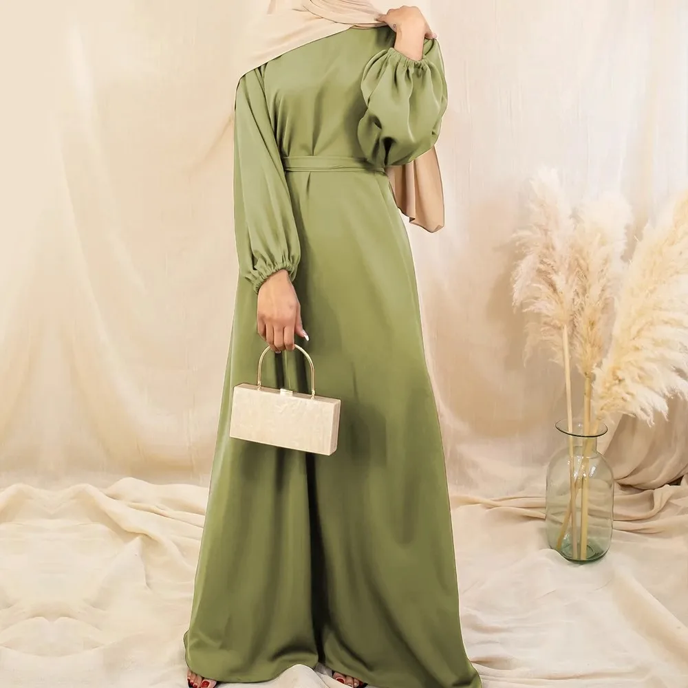 

Атласное платье-абайя, мусульманский модный кафтан с поясом, Дубай, Турция, арабский, Африканский, Макси-платья для женщин, мусульманская скромная одежда, халаты