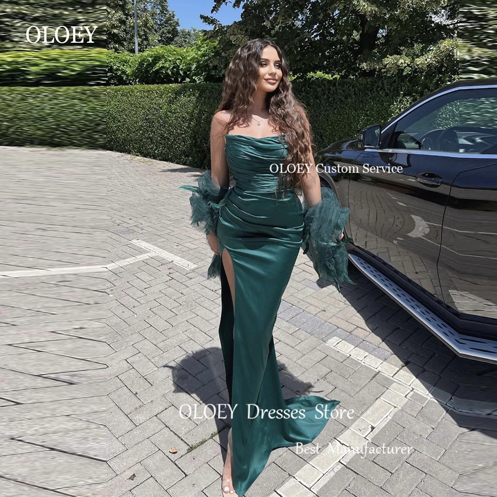 

OLOEY Modern Green Satin Split Evening Dresses Strapless Split Pleats Long Prom Gowns Formal Party Dress Dubai Arabic Women