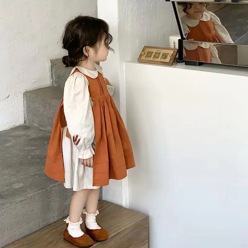 

Fashion Dresses Two Piece Set Spring Autumn Kids Clothes Girls Dress Knee-Length Cuffs Embroidery White and Orange Solid