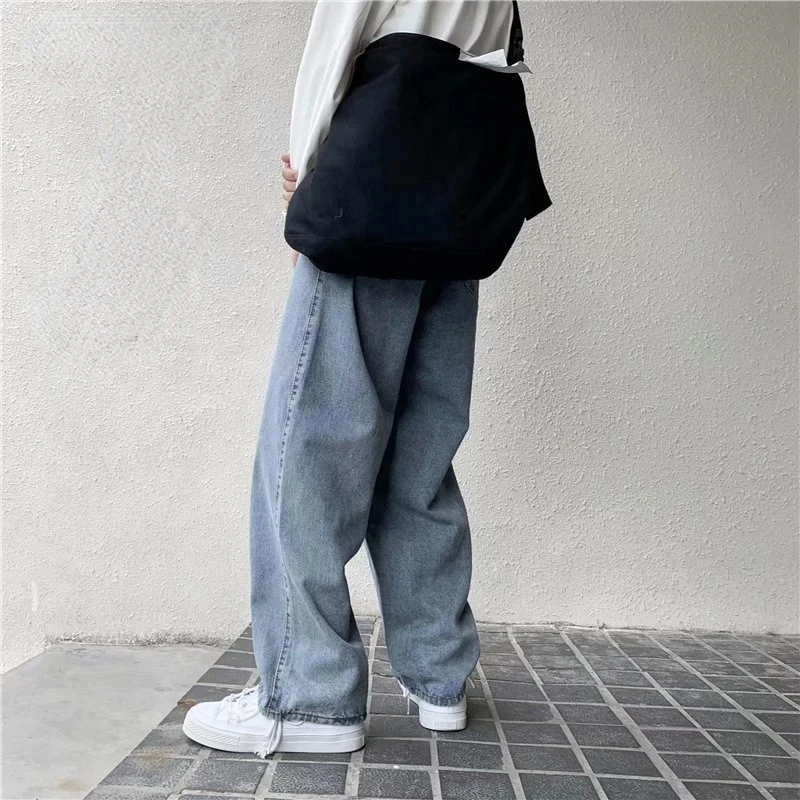 New2022 Jeans Solid Drawstring Denim Full Length Straight Loose Males All-match Trendy Punk Baggy Retro Leisure Chic Cowboy Trou