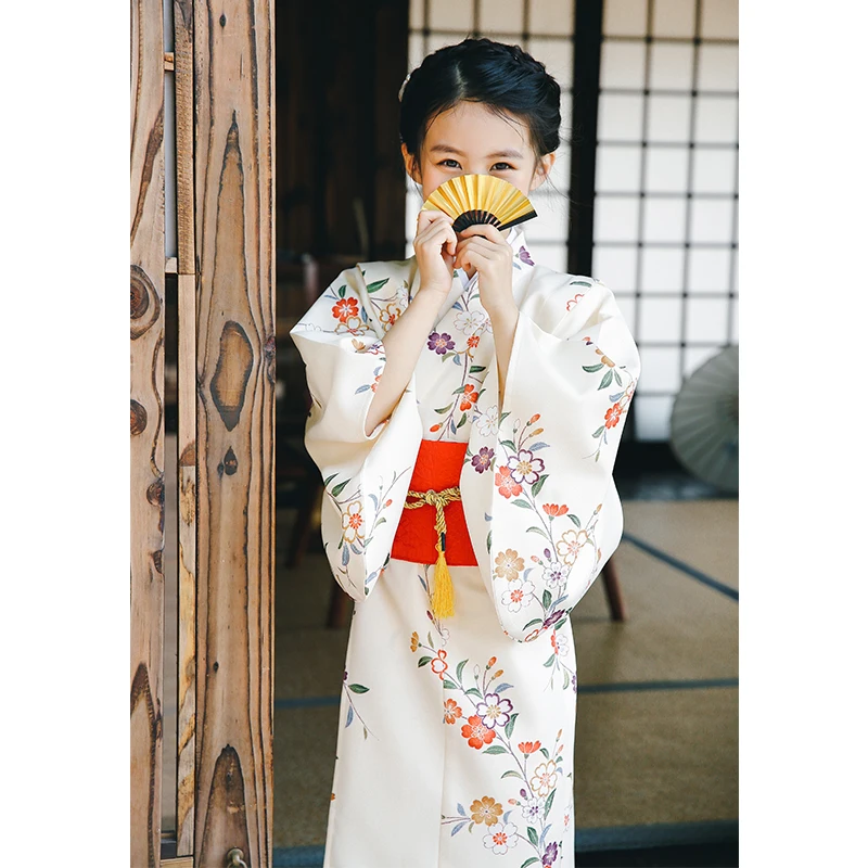 

Children's Japanese Kimono Kids Traditional Formal Yukata Lovey Floral Prints Girls Long Dress Stage Performing Wear