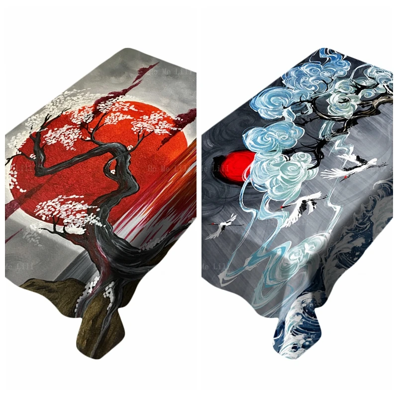 

Japanese Crimson Moon Delicate Flowers Great Wave A Row Of Crane Flew Into The Sky Tablecloth By Ho Me Lili Tabletop Decor