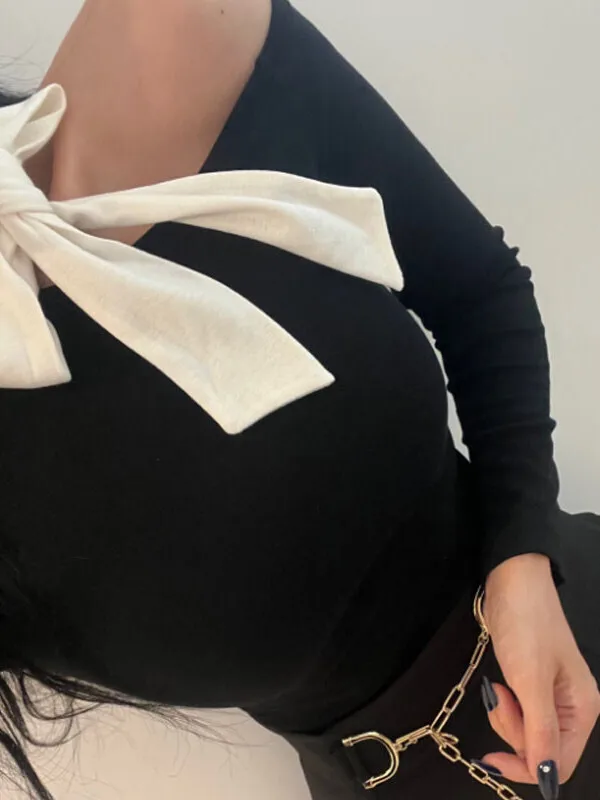 Осень/зима корейская версия бант шнуровка косой воротник пуловер с открытыми