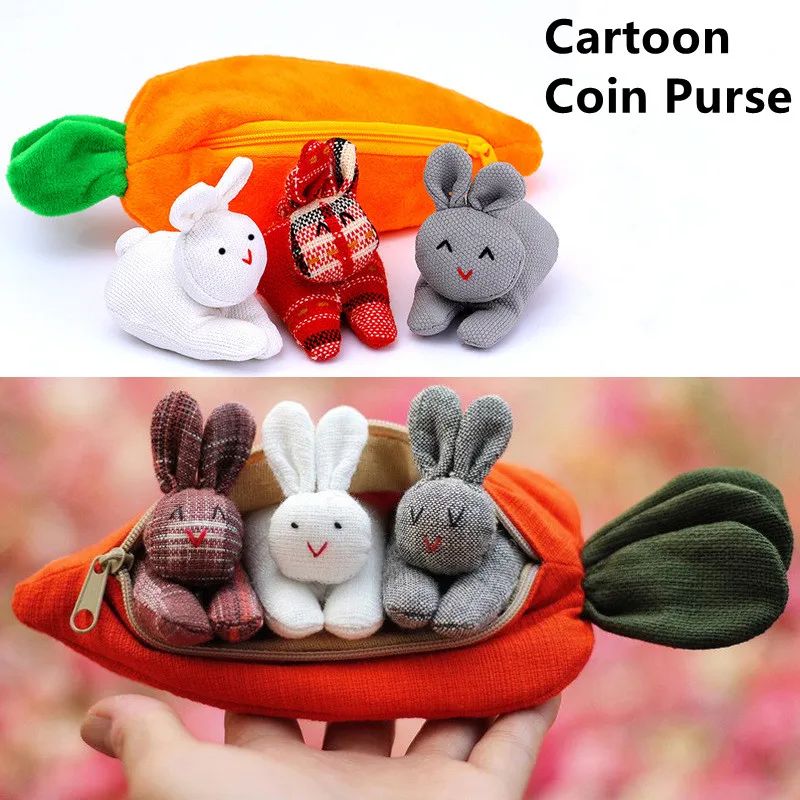 

4PCs Three Bunnies Carrot Purse Cute Easter Bunny Gift Coin Bag Fun Ornament Cable Bag Key Wallets For Children