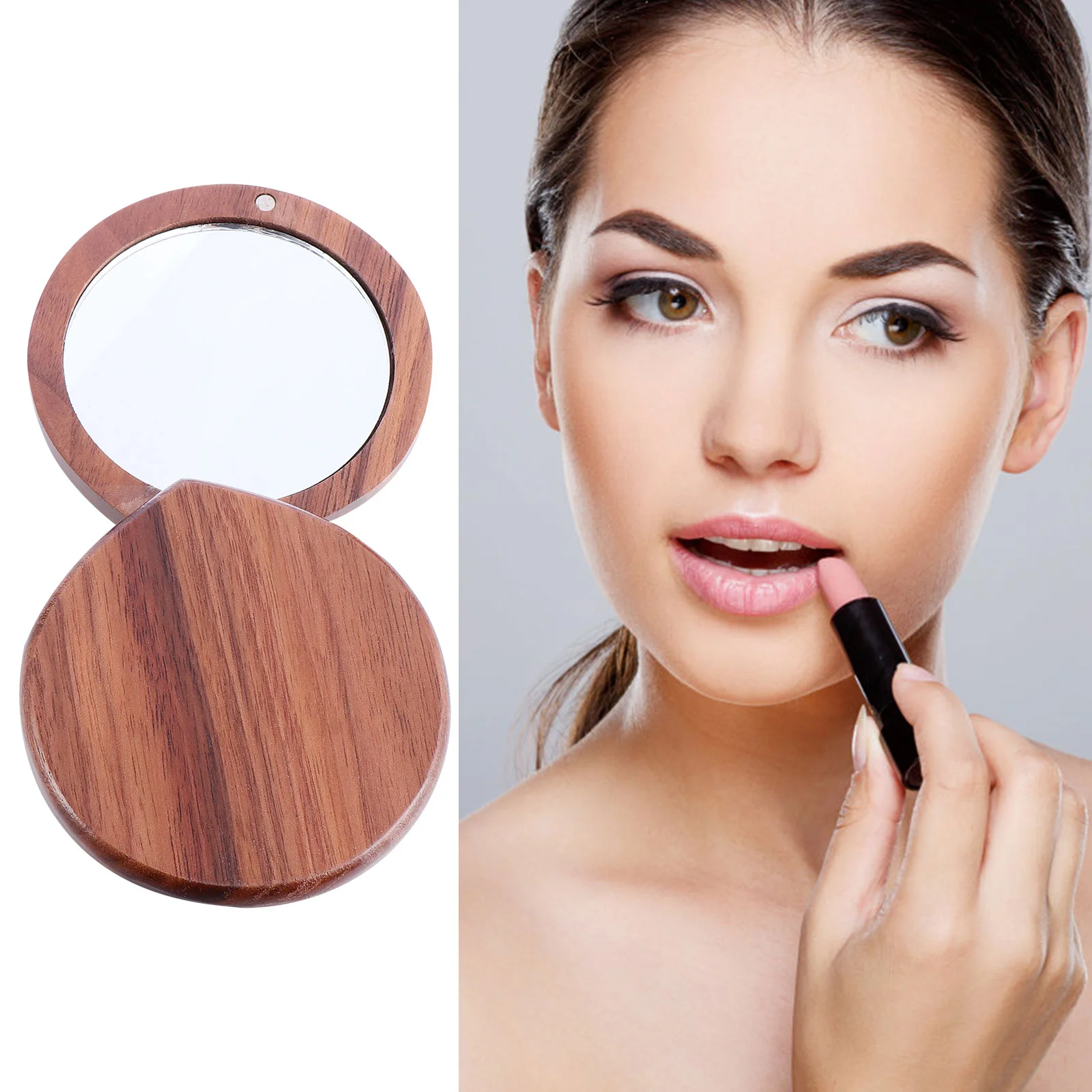 

Portable Vanity Mirror Small Handheld Pocket Looking Glass Makeup Desktop Walnut Travel Mini