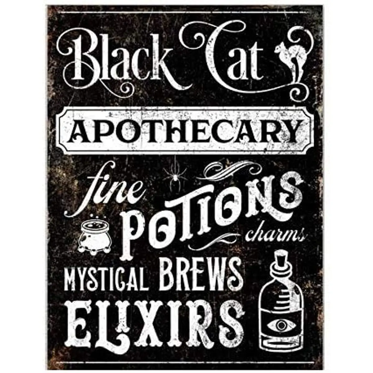 

Black Cat Apothecary Fine Potions & Elixirs Metal Tin Wall Art Rustic Fall Sign Creepy Gothic Halloween Xmas Home Bar Decor