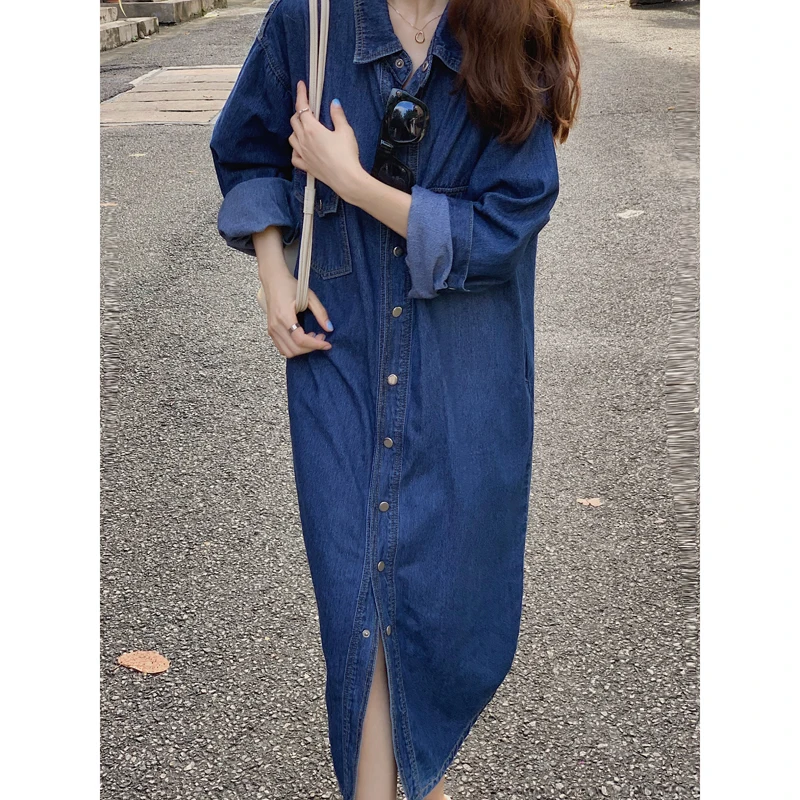 

Women Casual Long-sleeved Blue Denim Dress Pocket Elegant Denim Fashion Slim Denim Dress 2023 New Autumn and Winter Shirt Dress
