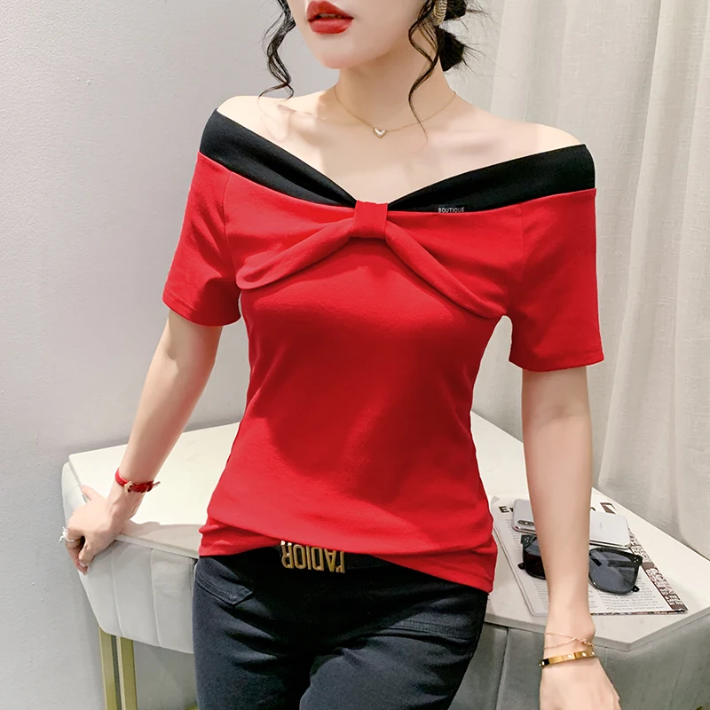 

2023 New Summer European Clothes T-Shirt Chic Sexy Off Collar Color Blocking Bowknot Women Tops Short Sleeve Casual Tees 34035