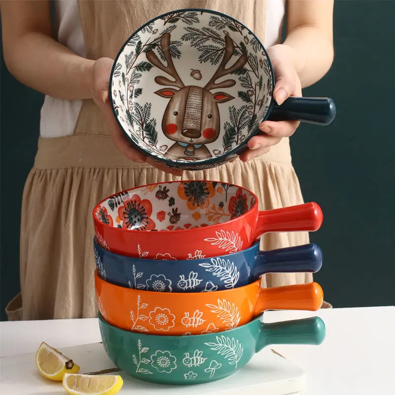

Japanese-style Cartoon Instant Noodle Bowl Animal Ceramic Bowl Creative Instant Noodle Bowl with Handle Salad Baked Rice Bowl