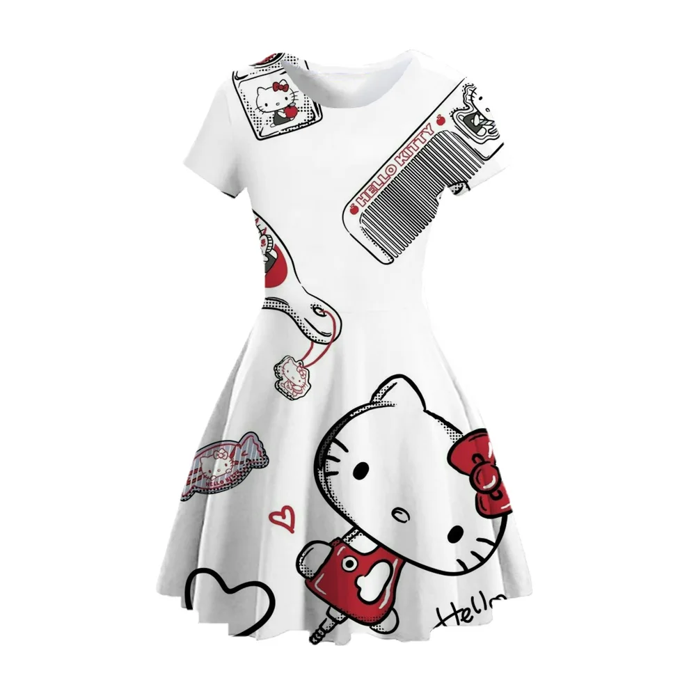 

Женское платье с принтом HELLO KITTY, модная мини-юбка с коротким рукавом, летнее модное Повседневное платье с круглым вырезом для девочек, 2023