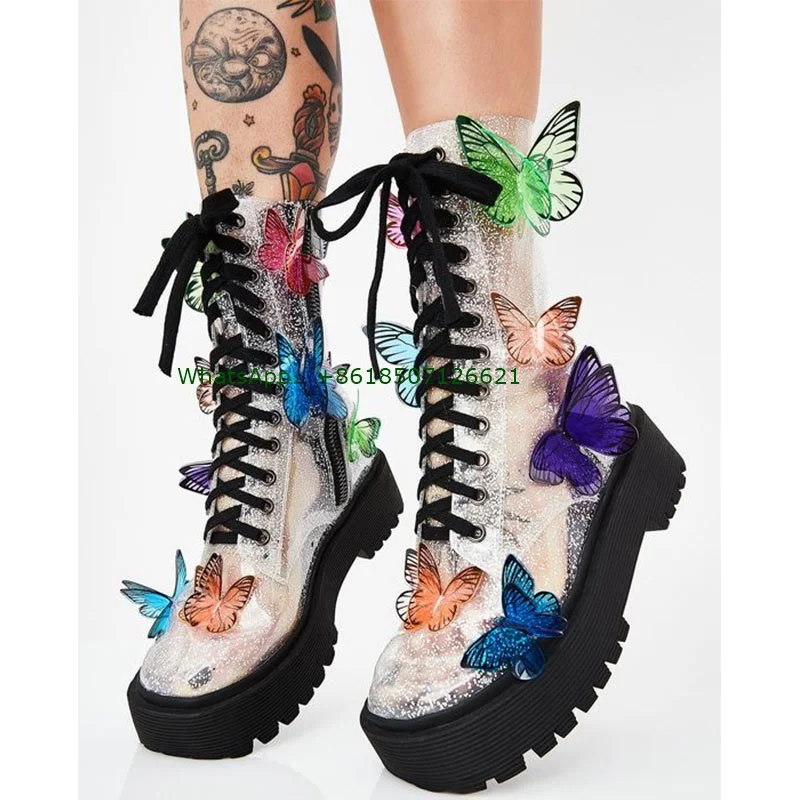 Silver Platform Butterfly Boots Side Zipper Cross Strap Calf Boots Round Toe Personality Fashion Shoes