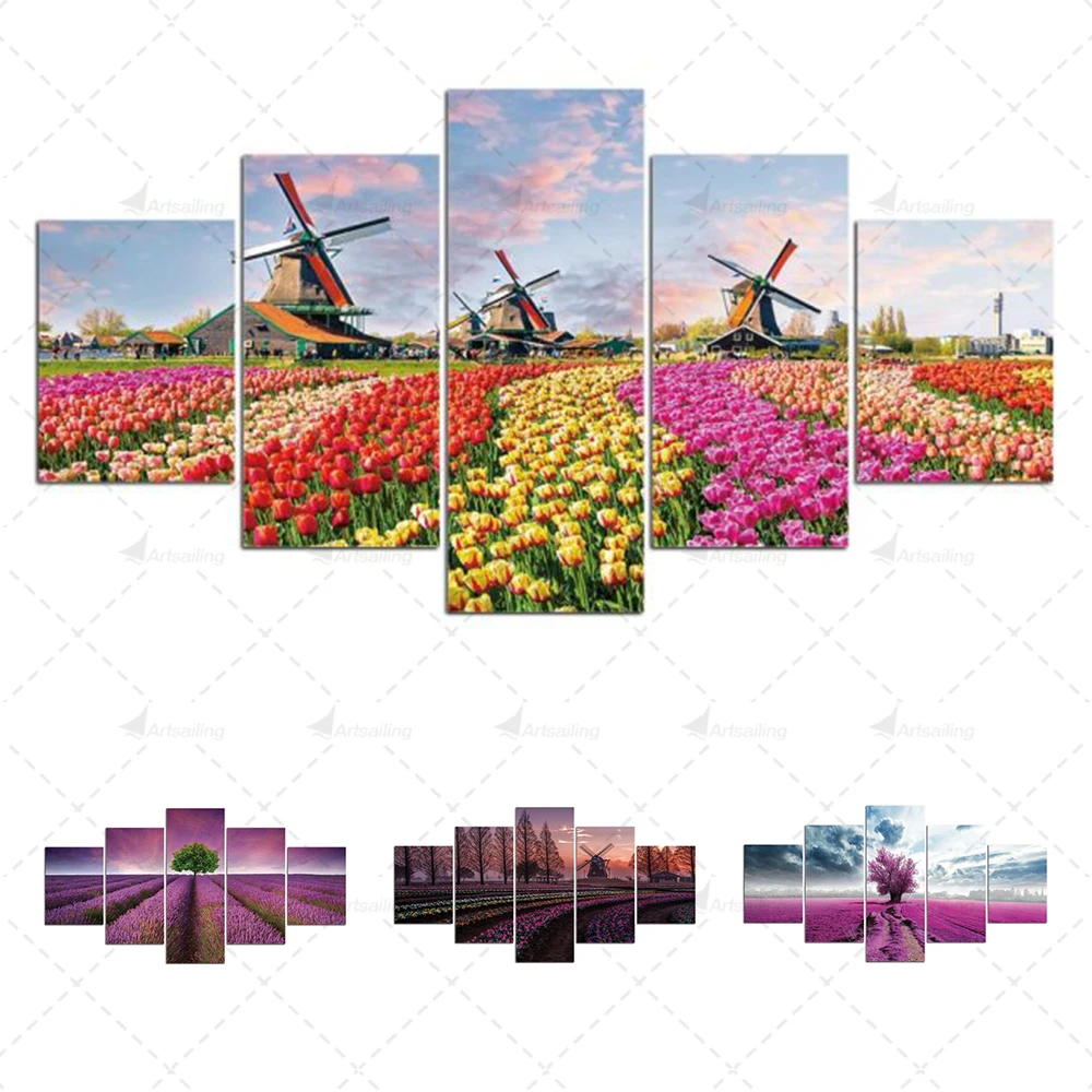 

5 Panels Flower Garden Landscape Poster and Prints Oil Painting Canvas Wall Art Picture for Living Room Home Decor