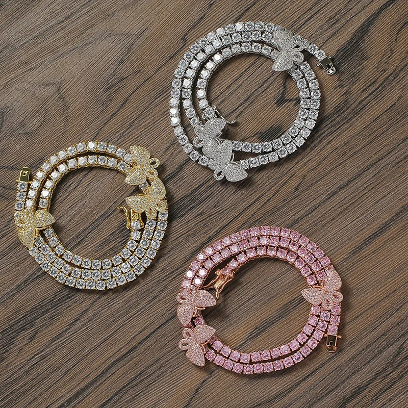 Хип-хоп когти AAA CZ Stone Bling Iced Out Butterflys 4 мм теннисная цепочка-чокеры ожерелья для