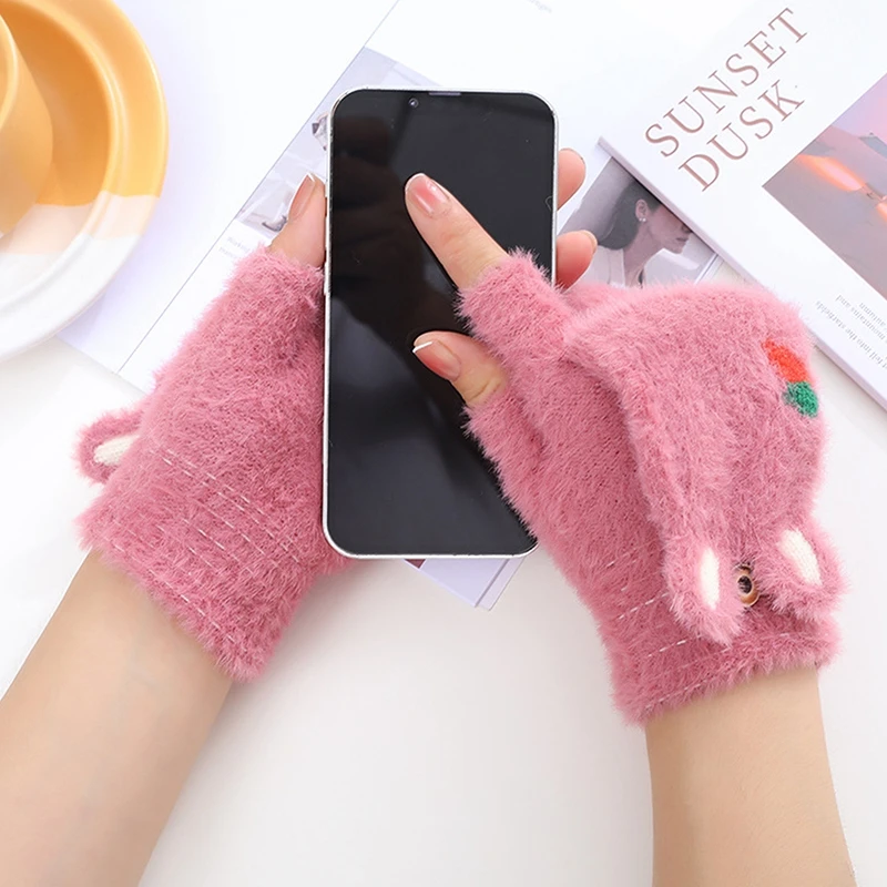 

Женские зимние перчатки, вязаные варежки, перчатки без пальцев с кроликом для вождения, бархатный кролик