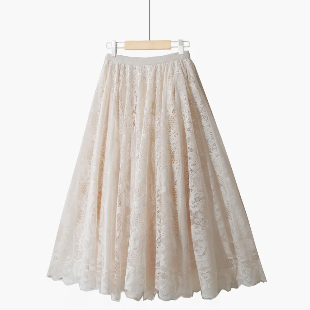 

Кружевная ажурная юбка-трапеция, однотонная винтажная элегантная юбка средней длины с завышенной талией и цветами на крючках, универсальна...