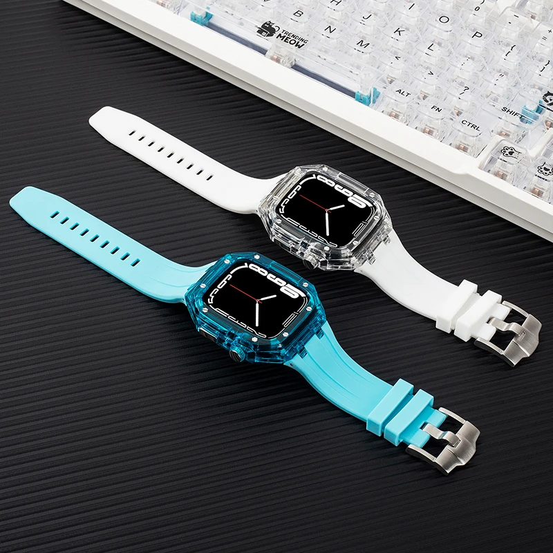 Luxury Transparent Plastic Mod AP Case Modification Kit Silicone Band For Apple Watch 8 7 6 5 4 SE Rubber Sports Strap 44mm 45mm