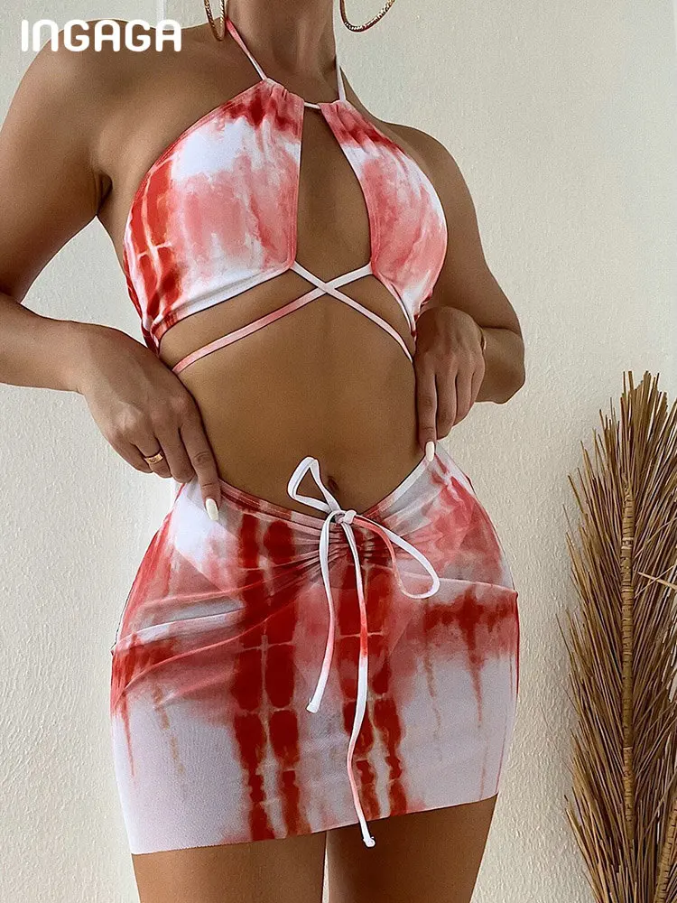 

INGAGA Sexy Halter Bikini 3 Piece Swimsuit with Skirt Tie Dye Swimwear Women Crisscross Biquini High Cut Bathing Suits 2022 New