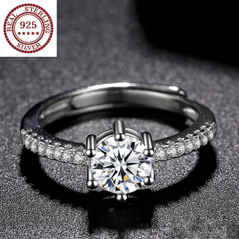 

Hot Sale S925 Sterling Silver Platinum Plated Six-prong Moissanite Open Adjustable Ring Micro-set Multi-diamond Girlfriend Gift