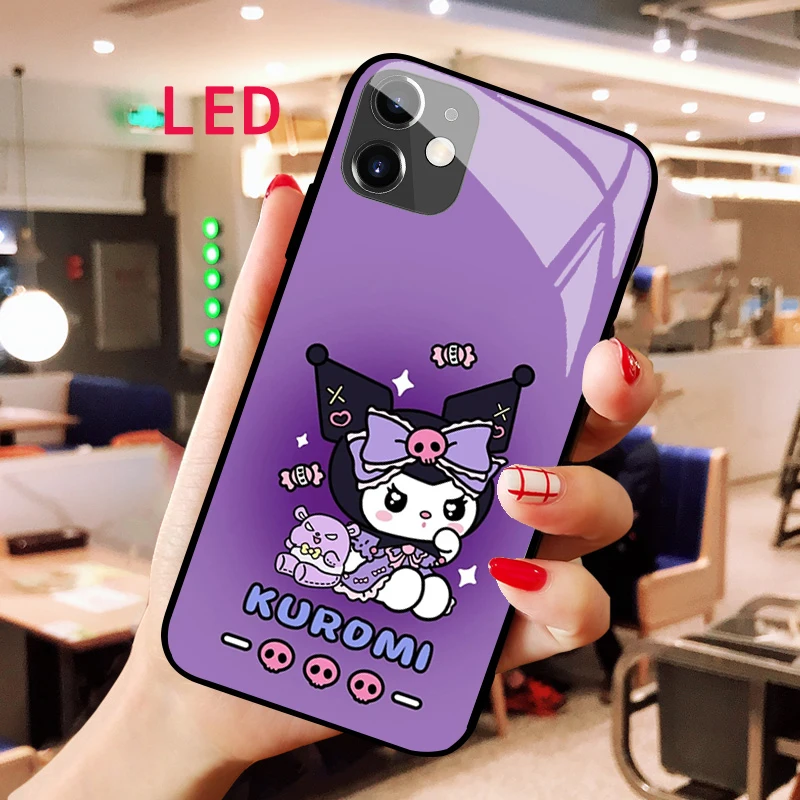 

Luminous Tempered Glass phone case For Apple iphone 13 14 Pro Max Puls KUROMI Kawaii Luxury Fall ProtectionLED Backlight cover