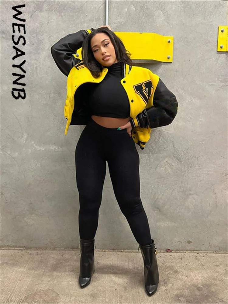 

Yellow Baseball Fall Outfits Buttons Jackets For Women 2022 Loose Top Jackets Coats Varsity Bomber Long Pu Leather Sleeve Jacket