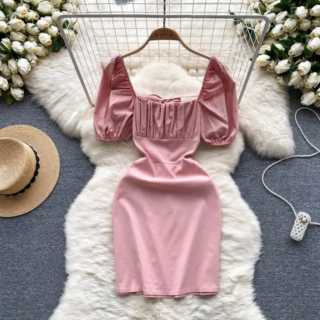 

Retro Solid Pleated Elegant Backless Dress Puff Sleeve Casual Square Neck High Waist Lace-up Dress Women Summer