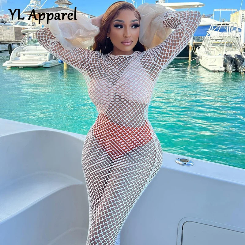 

Повседневное однотонное белое прозрачное длинное пляжное платье в сеточку 2022 летнее модное лоскутное облегающее платье с рукавами-фонарик...