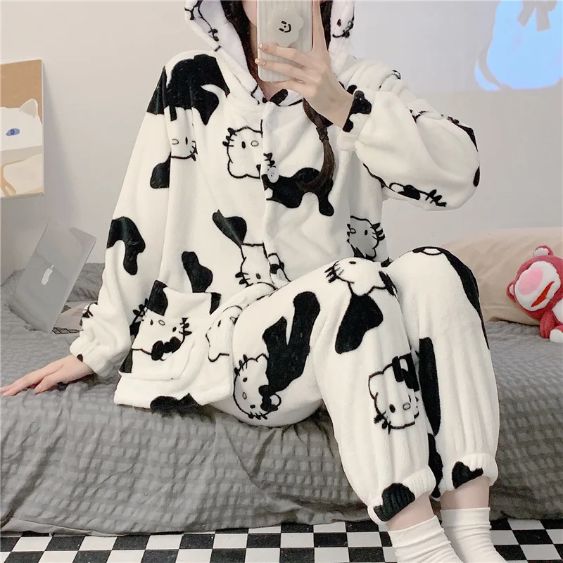 

Hello Kitty Winter Pajamas Female Cartoon Cow Kawaii Thickening Warm Flannel Home Clothing Holiday Birthday Gift