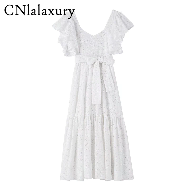

CNlalaxury Women Summer 2022 Openwork Embroidery White Dress Ruffles Short Sleeve Midi Dresses Belt A word Vintage Vestidos