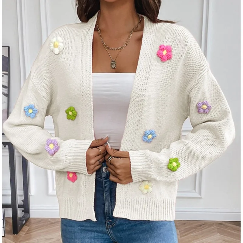 Милый вязаный кардиган свитер пальто женский крючок с цветочным