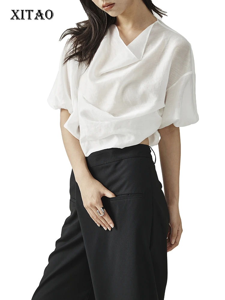 

XITAO White T Shirt Fashion Women Small Fresh Pleated Thin Goddess Fan 2022 Summer Solid Color Minority Loose Tee WMD6608