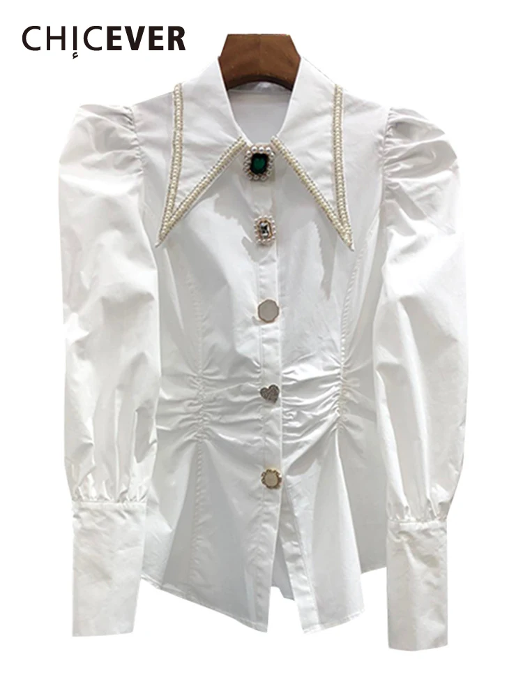 

CHICEVER White Straight Shirt For Women Lapel Puff Sleeve Solid Minimalist Button Through Blouse Female Fashion Clothing Style