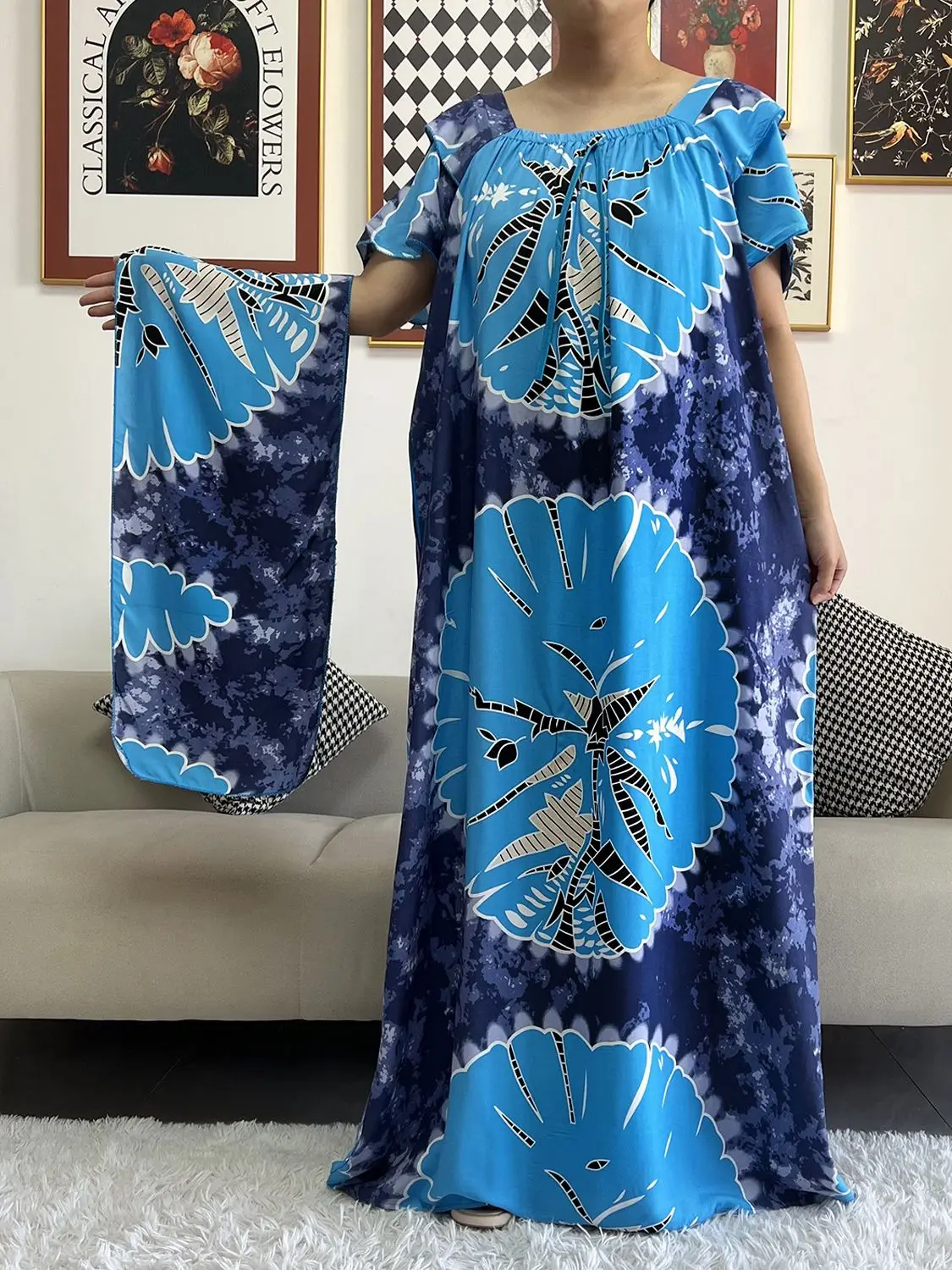 

Новое Африканское платье Дашики, кафтан, абайя, Хлопковое платье с вырезом лодочкой и цветочным принтом, свободное женское Повседневное пла...